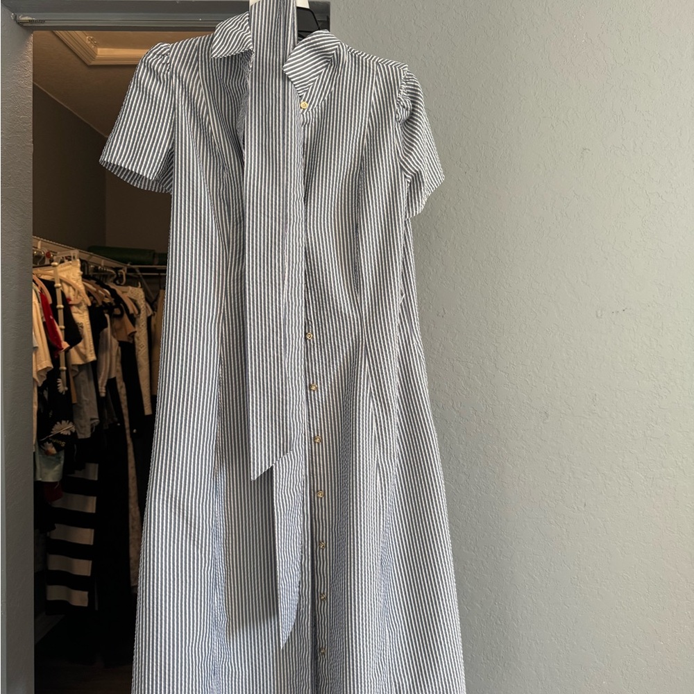 Anne Klein Black and White Striped Long Sleeve Dress